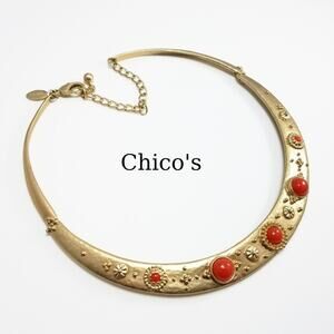 Chico's Gold Tone Red Cabochons Collar Necklace, 21 Inches